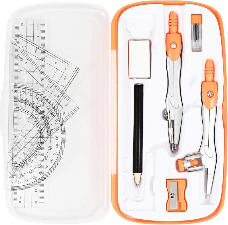 Vobou Math Geometry Kit Sets 10 Piece Student Supplies with Shatterproof Storage Box,Includes Rulers,Protractor,Compass,Eraser,Pencil Sharpener,Lead Refills,Pencil,for Drafting（Orange） - Image 1